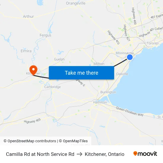 Camilla Rd at North Service Rd to Kitchener, Ontario map