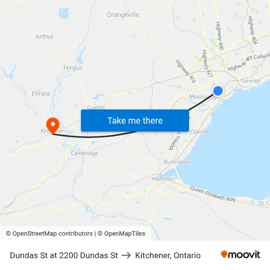 Dundas St at 2200 Dundas St to Kitchener, Ontario map