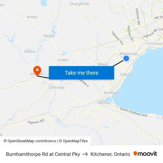 Burnhamthorpe Rd at Central Pky to Kitchener, Ontario map