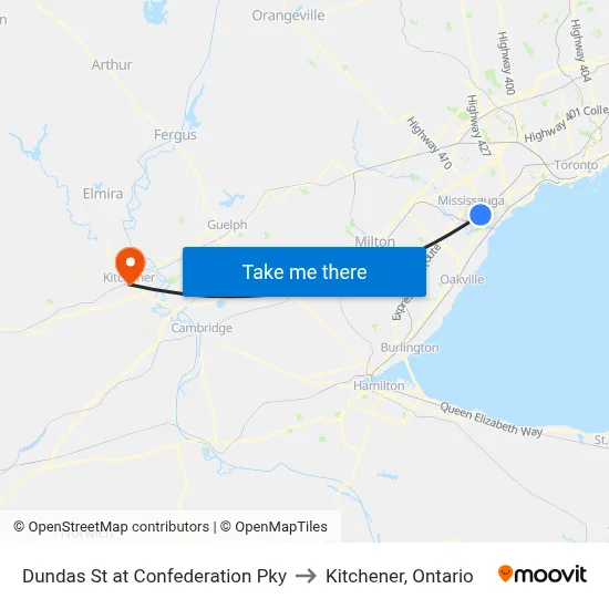 Dundas St at Confederation Pky to Kitchener, Ontario map