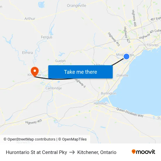 Hurontario St at Central Pky to Kitchener, Ontario map