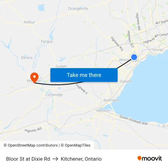 Bloor St at Dixie Rd to Kitchener, Ontario map