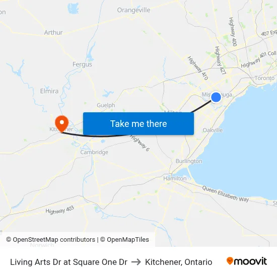 Living Arts Dr at Square One Dr to Kitchener, Ontario map