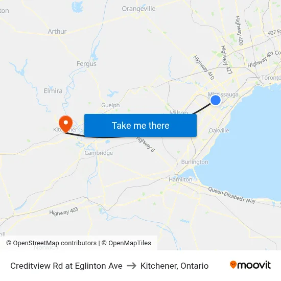 Creditview Rd at Eglinton Ave to Kitchener, Ontario map