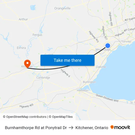 Burnhamthorpe Rd at Ponytrail Dr to Kitchener, Ontario map