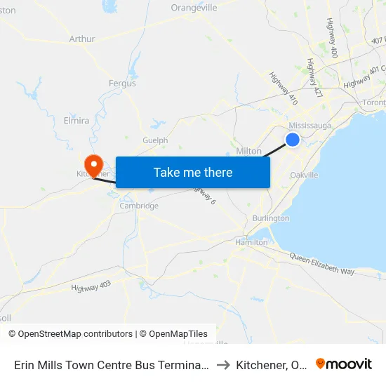 Erin Mills Town Centre Bus Terminal Platform C to Kitchener, Ontario map