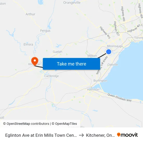 Eglinton Ave at Erin Mills Town Centre South to Kitchener, Ontario map