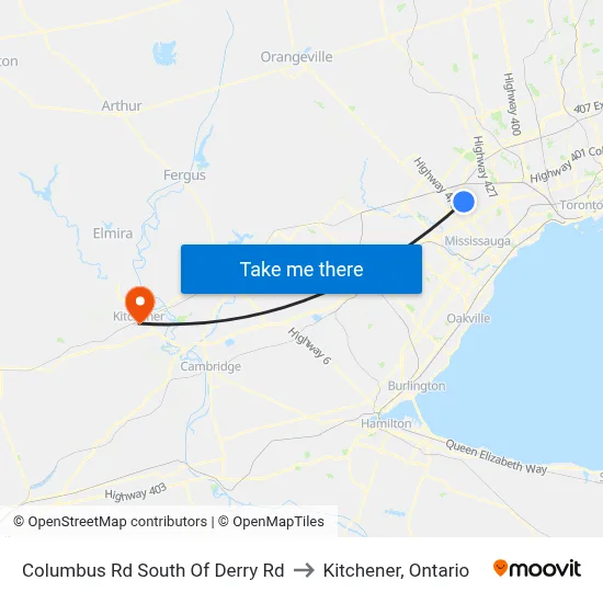 Columbus Rd South Of Derry Rd to Kitchener, Ontario map