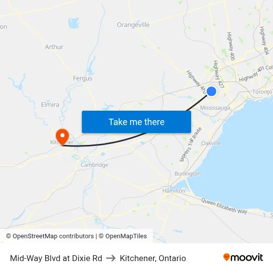 Mid-Way Blvd at Dixie Rd to Kitchener, Ontario map