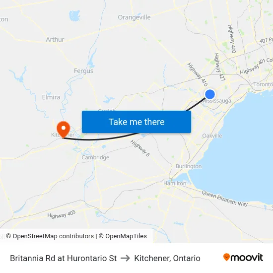 Britannia Rd at Hurontario St to Kitchener, Ontario map