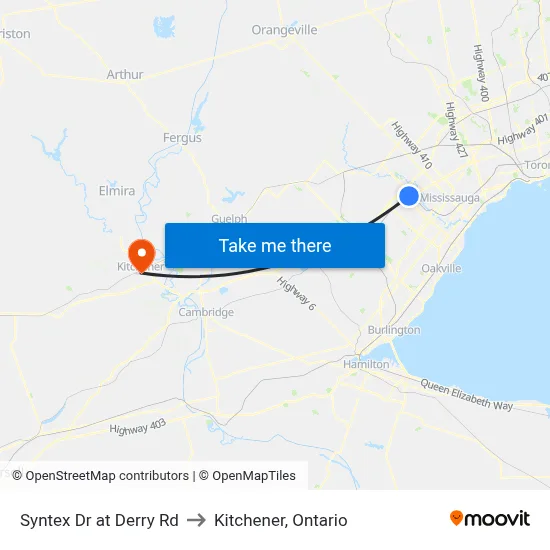 Syntex Dr at Derry Rd to Kitchener, Ontario map