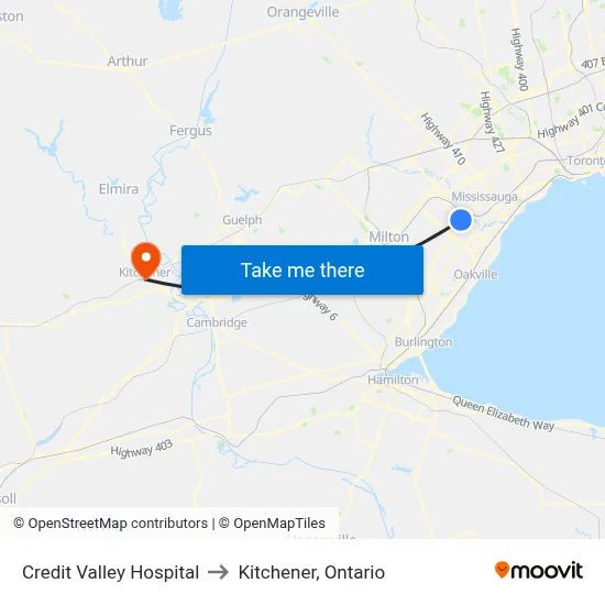 Credit Valley Hospital to Kitchener, Ontario map