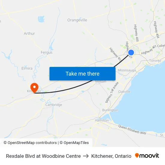 Rexdale Blvd at Woodbine Centre to Kitchener, Ontario map