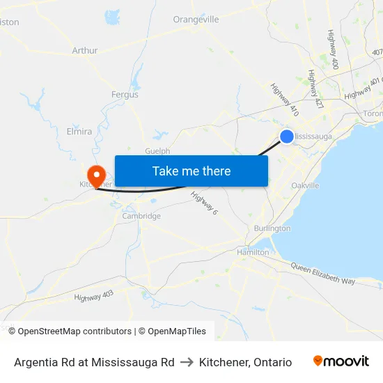 Argentia Rd at Mississauga Rd to Kitchener, Ontario map