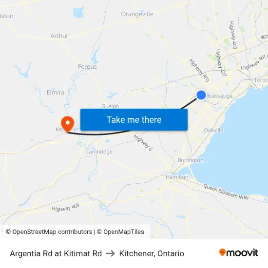 Argentia Rd at Kitimat Rd to Kitchener, Ontario map