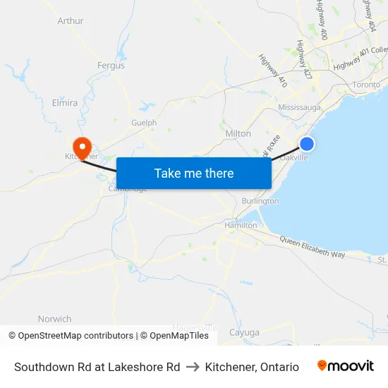 Southdown Rd at Lakeshore Rd to Kitchener, Ontario map