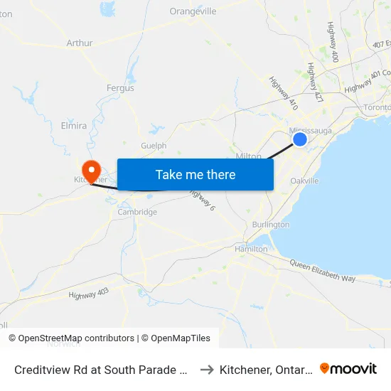 Creditview Rd at South Parade Crt to Kitchener, Ontario map