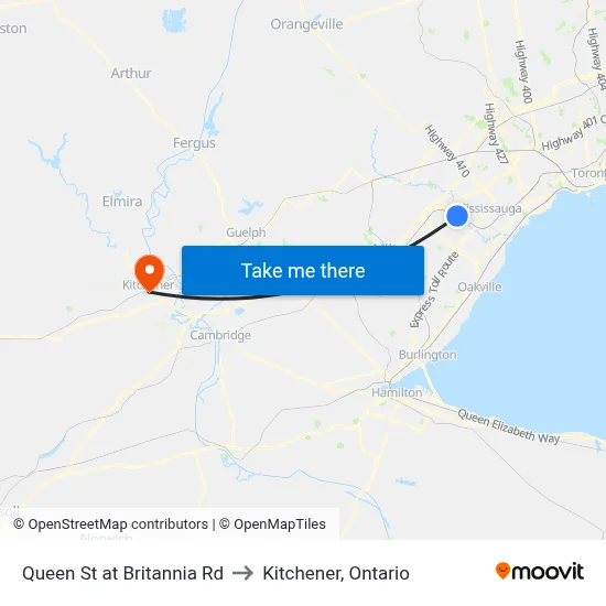 Queen St at Britannia Rd to Kitchener, Ontario map