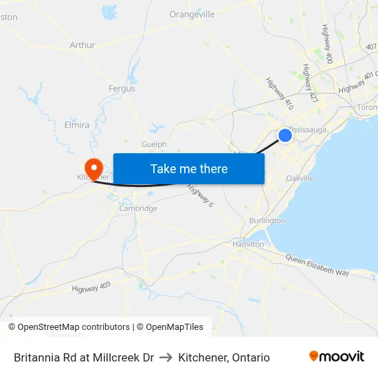 Britannia Rd at Millcreek Dr to Kitchener, Ontario map