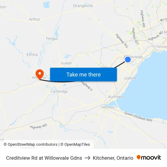 Creditview Rd at Willowvale Gdns to Kitchener, Ontario map