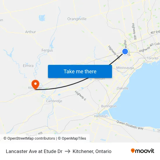 Lancaster Ave at Etude Dr to Kitchener, Ontario map