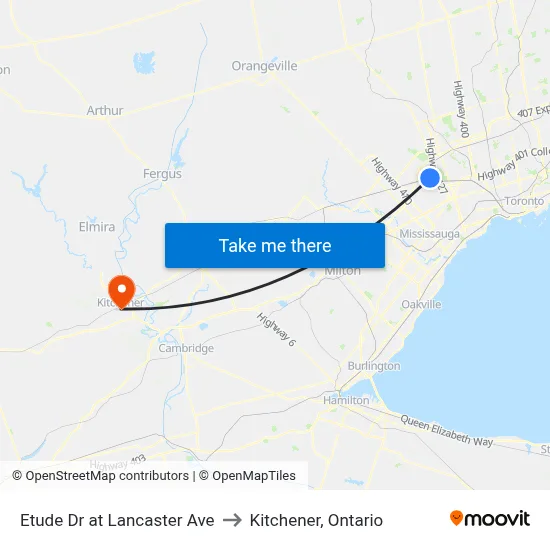 Etude Dr at Lancaster Ave to Kitchener, Ontario map