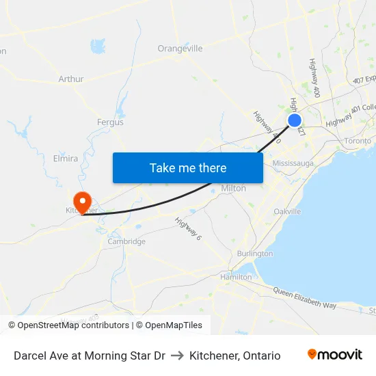 Darcel Ave at Morning Star Dr to Kitchener, Ontario map