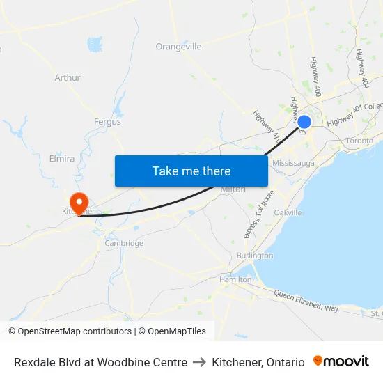 Rexdale Blvd at Woodbine Centre to Kitchener, Ontario map