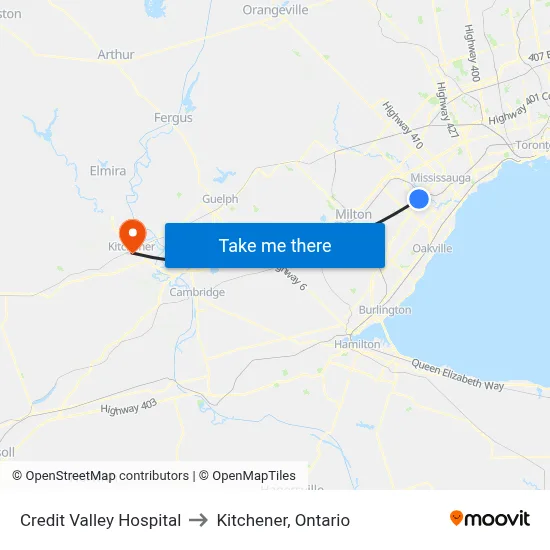 Credit Valley Hospital to Kitchener, Ontario map