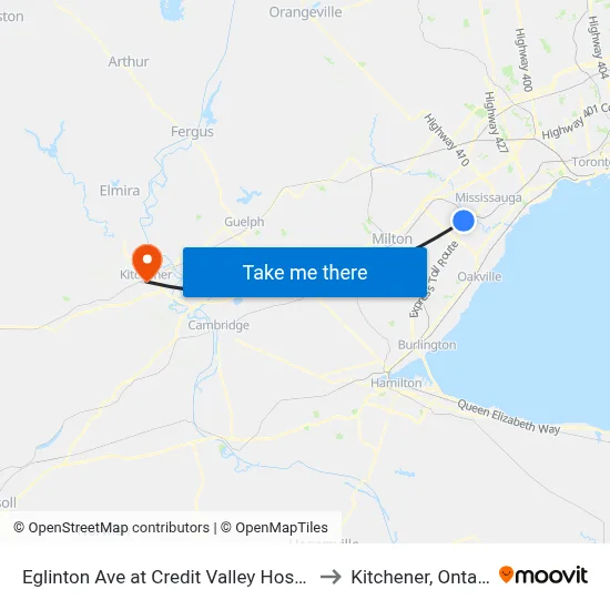 Eglinton Ave at Credit Valley Hosptial to Kitchener, Ontario map