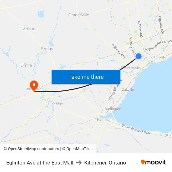 Eglinton Ave at the East Mall to Kitchener, Ontario map