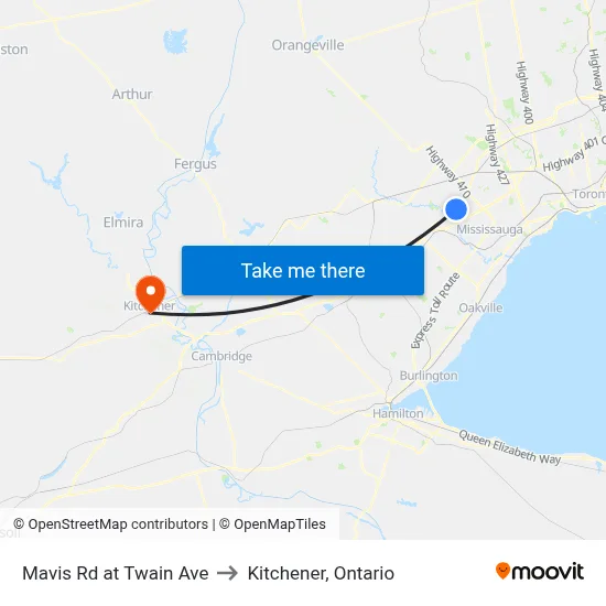 Mavis Rd at Twain Ave to Kitchener, Ontario map