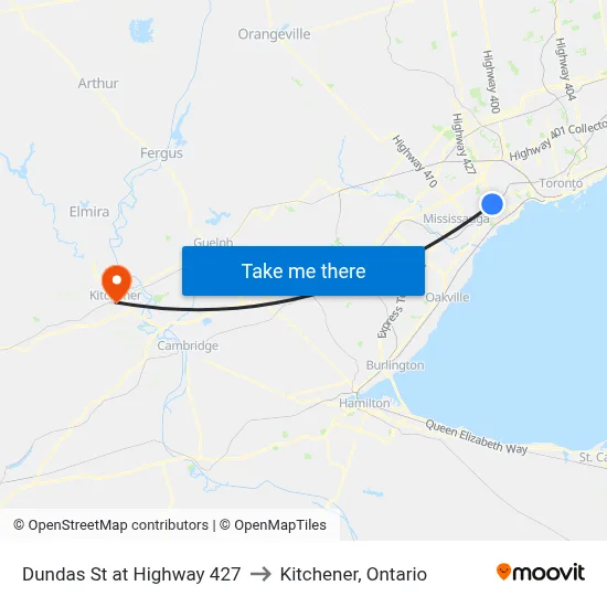 Dundas St at Highway 427 to Kitchener, Ontario map