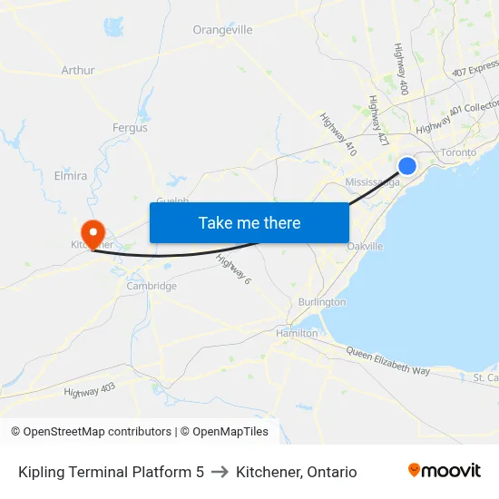 Kipling Terminal Platform 5 to Kitchener, Ontario map