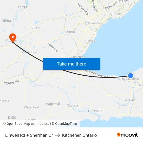 Linwell Rd + Sherman Dr to Kitchener, Ontario map