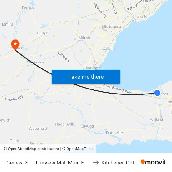 Geneva St + Fairview Mall Main Entrance to Kitchener, Ontario map