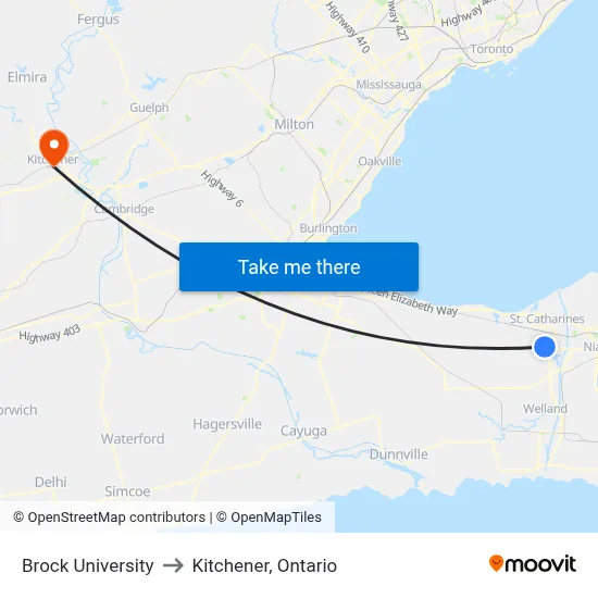 Brock University to Kitchener, Ontario map