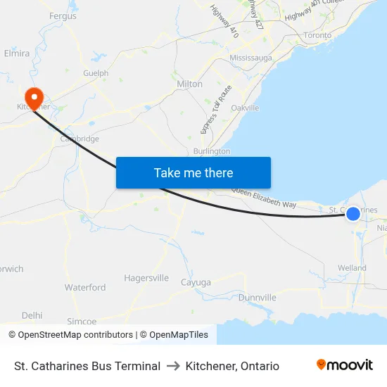 St. Catharines Bus Terminal to Kitchener, Ontario map
