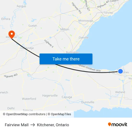 Fairview Mall to Kitchener, Ontario map