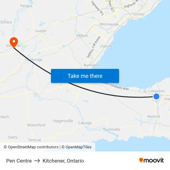 Pen Centre to Kitchener, Ontario map