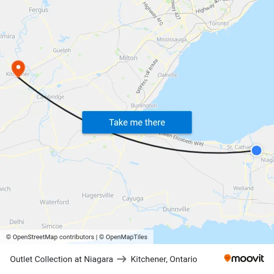 Outlet Collection at Niagara to Kitchener, Ontario map