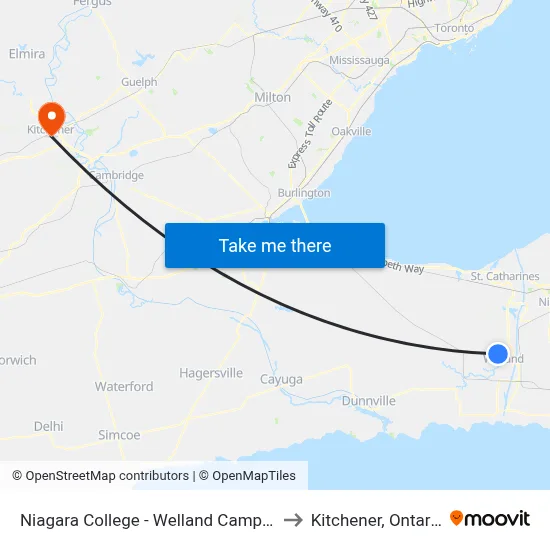 Niagara College - Welland Campus to Kitchener, Ontario map