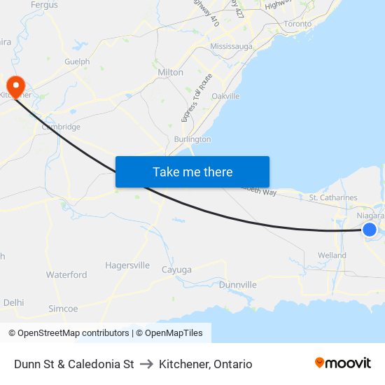 Dunn St & Caledonia St to Kitchener, Ontario map