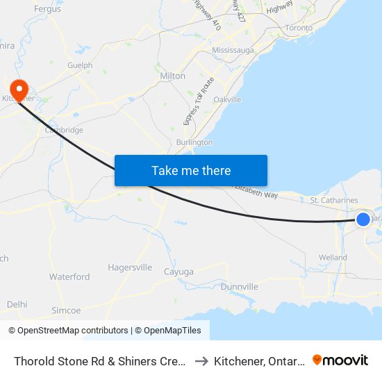 Thorold Stone Rd & Shiners Creek to Kitchener, Ontario map