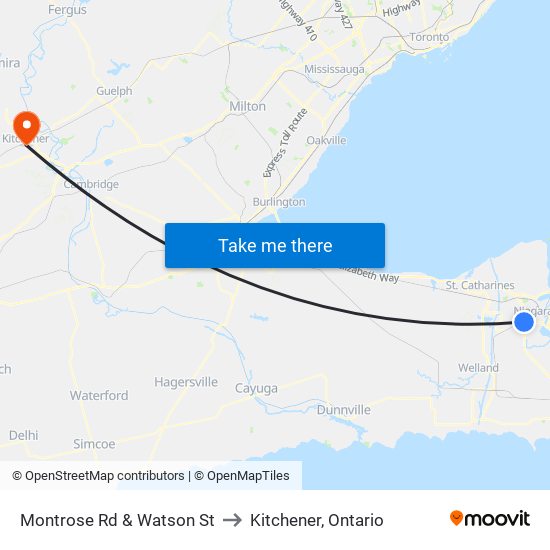 Montrose Rd & Watson St to Kitchener, Ontario map