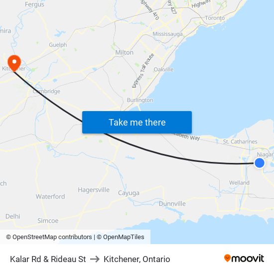 Kalar Rd & Rideau St to Kitchener, Ontario map