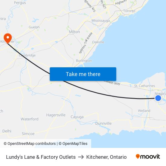 Lundy's Lane & Factory Outlets to Kitchener, Ontario map