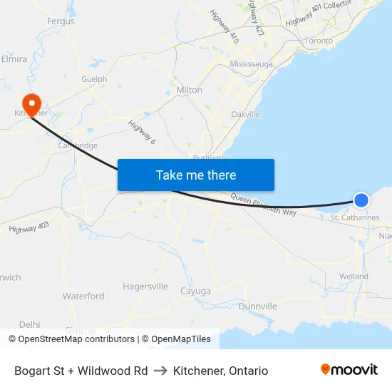 Bogart St + Wildwood Rd to Kitchener, Ontario map