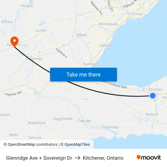 Glenridge Ave + Sovereign Dr to Kitchener, Ontario map