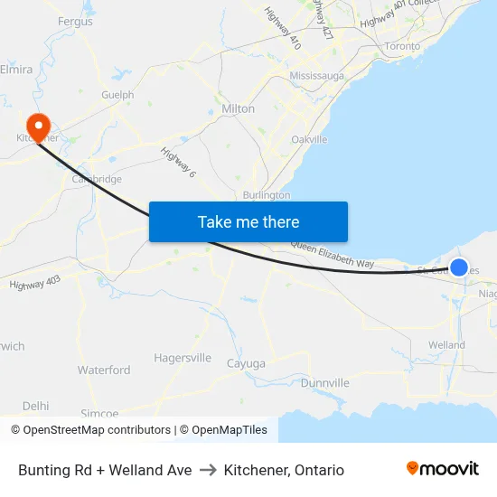 Bunting Rd + Welland Ave to Kitchener, Ontario map